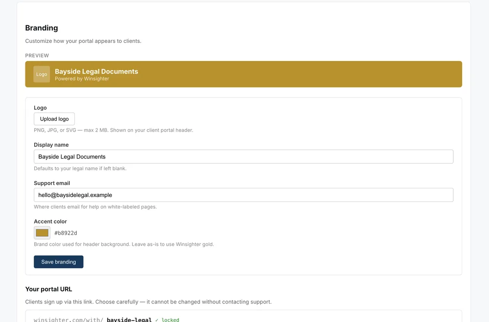Branding settings with a live preview of the client portal header, display name, support email and accent colour