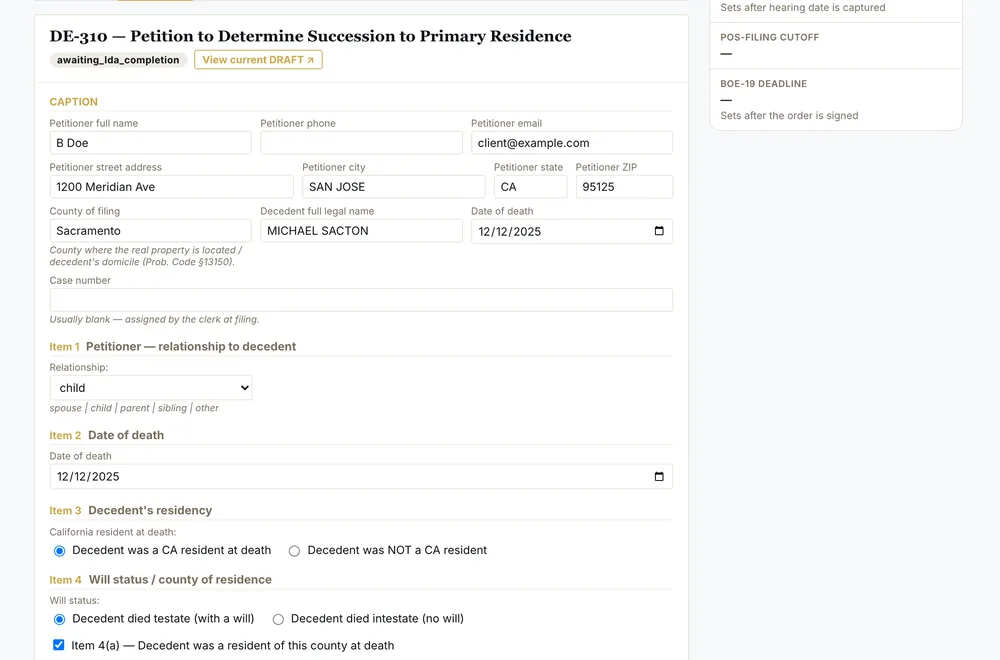 DE-310 petition editor with caption fields already populated from the case record