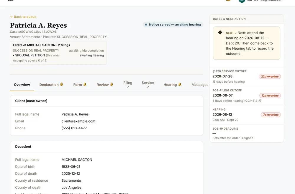 LDA case view showing client and decedent details captured from intake, with uploaded death certificate and deed attached