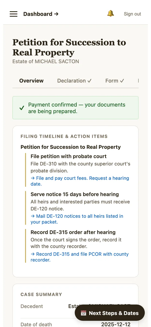 Client's mobile case view with a filing timeline and the next action for each step