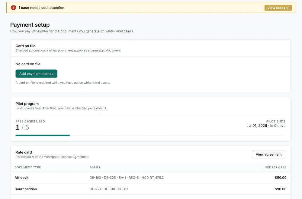 Payment setup showing the per-document rate card and the card charged only when a document is approved