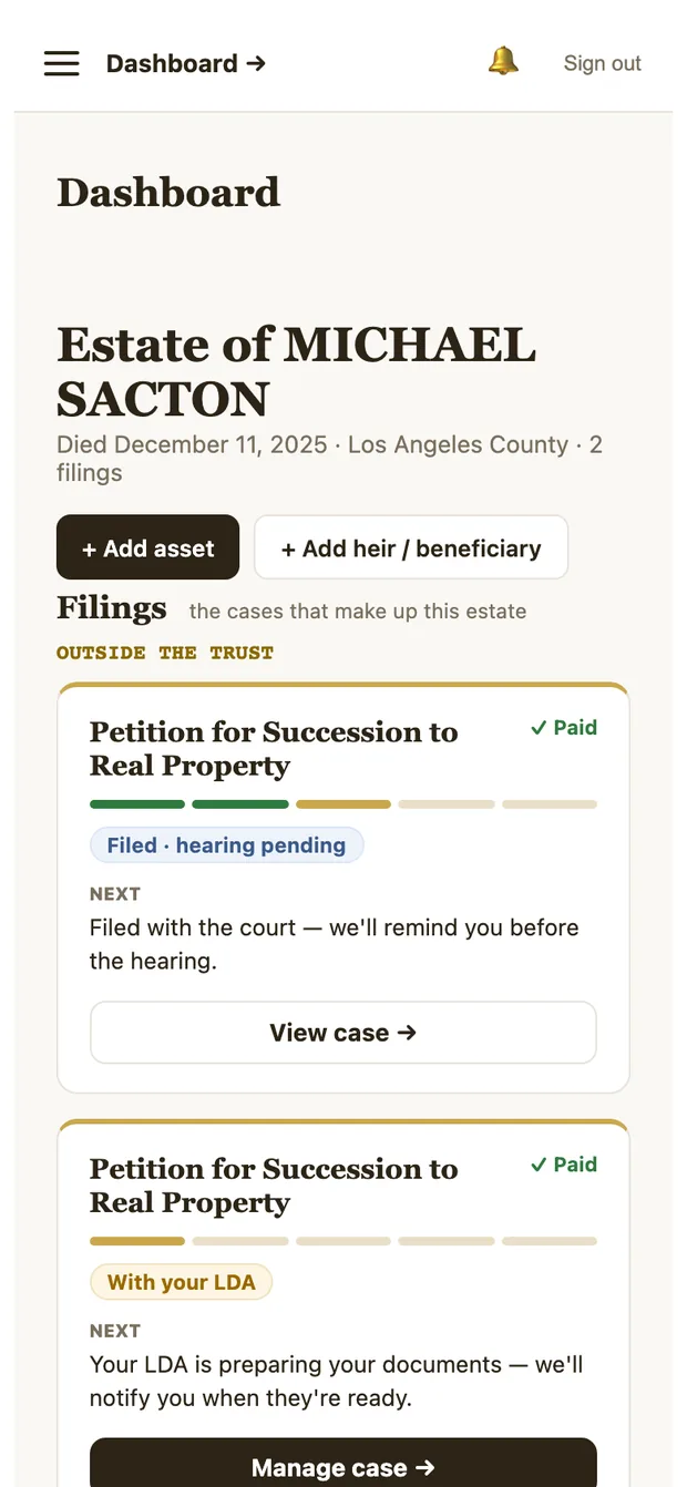 Estate overview listing the filings that make up the estate, each with its own status