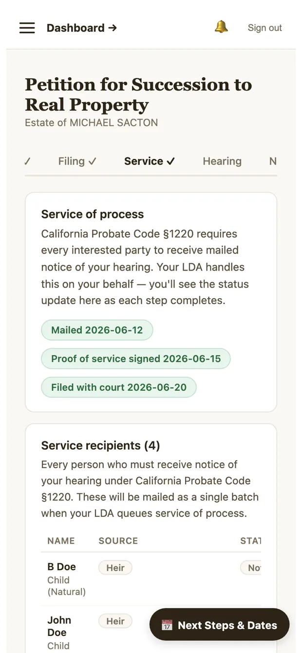 Service of process view listing recipients under Probate Code §1220 with mailed, signed and filed milestones