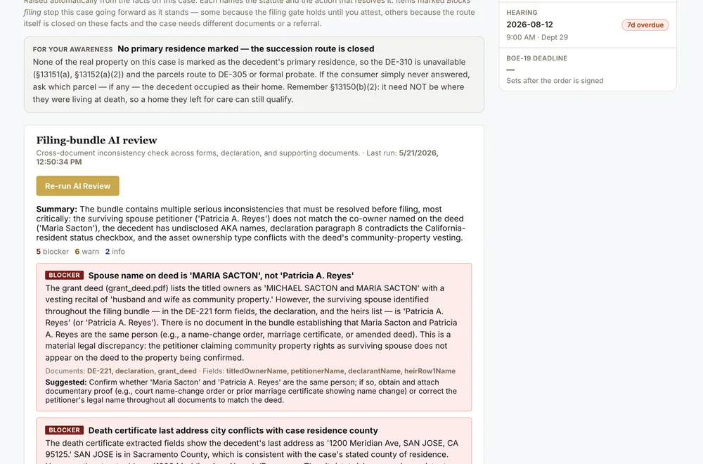 Engine advisories citing Probate Code sections, plus a cross-document AI review of the filing bundle